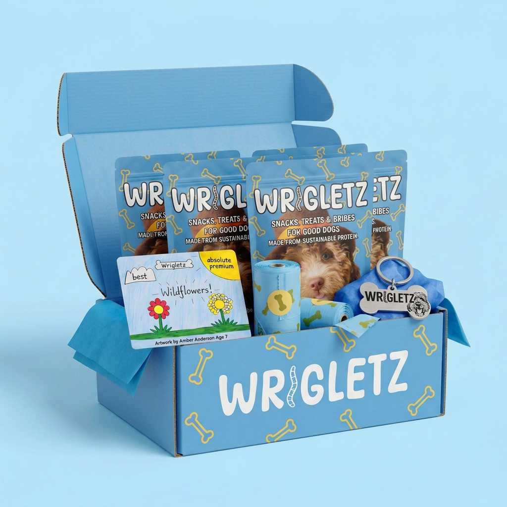 Wrigletz subscription box with treat pouches, poo bags, wildflower seed card and keyring