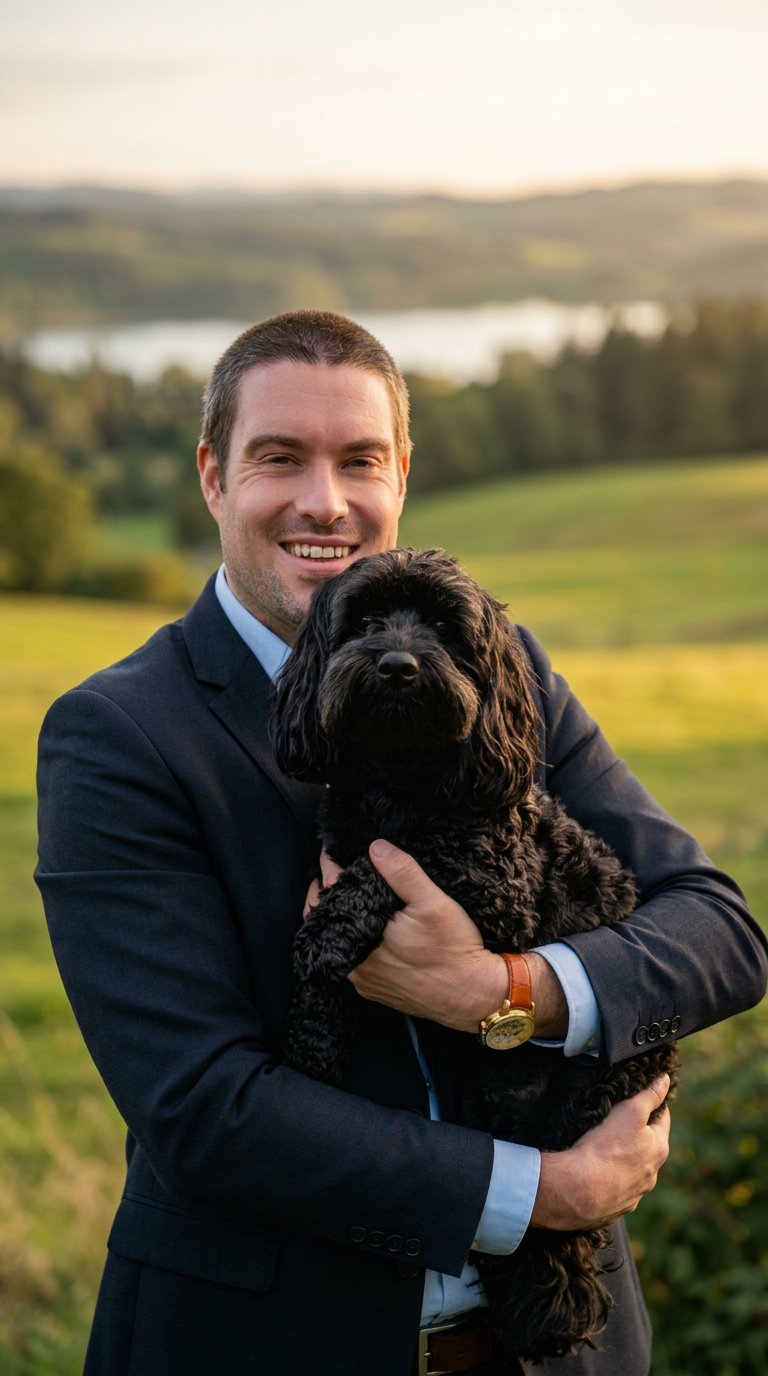 Glyn, founder of Wrigletz, holding his black dog