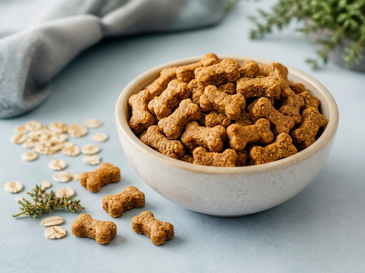 Insect protein powder and baked treat pellets in a bowl